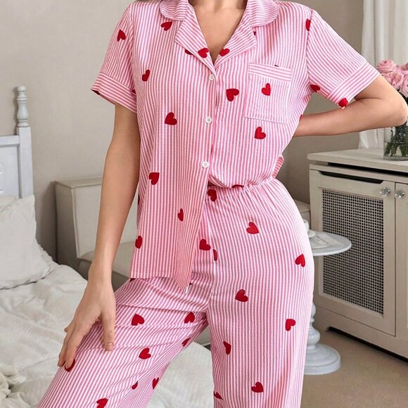 Pink Romantic Women's Valentine's Day Stripe & Heart Print Lapel Pajamas - Picture 4 of 6